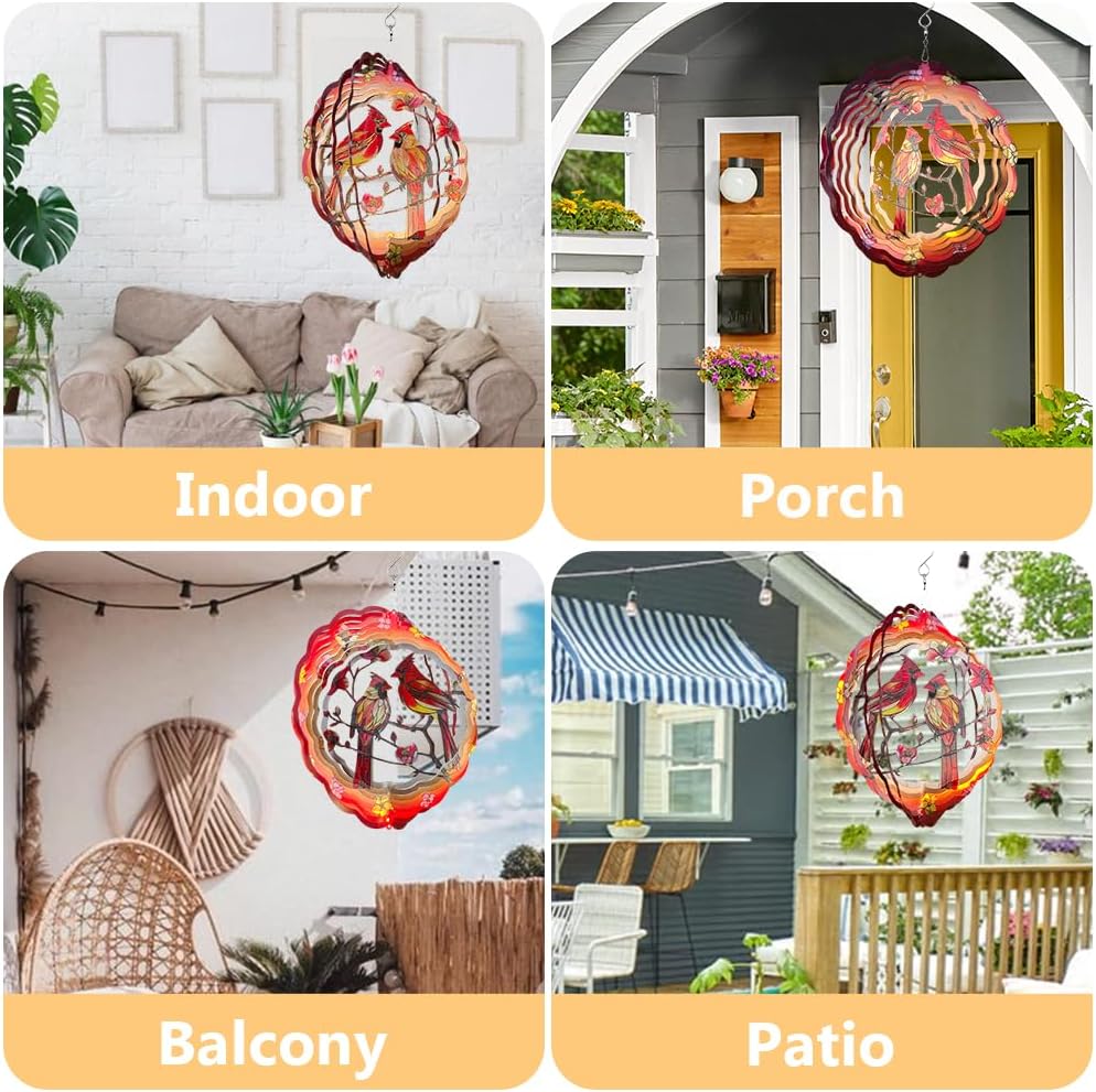 Cardinal Wind Spinner, 3D Hanging Stainless Steel Garden Spinner, Wind Spinner Hanging for Outdoor & Indoor Décor, Unique Gifts for Yard Garden Decoration or Patio Décor