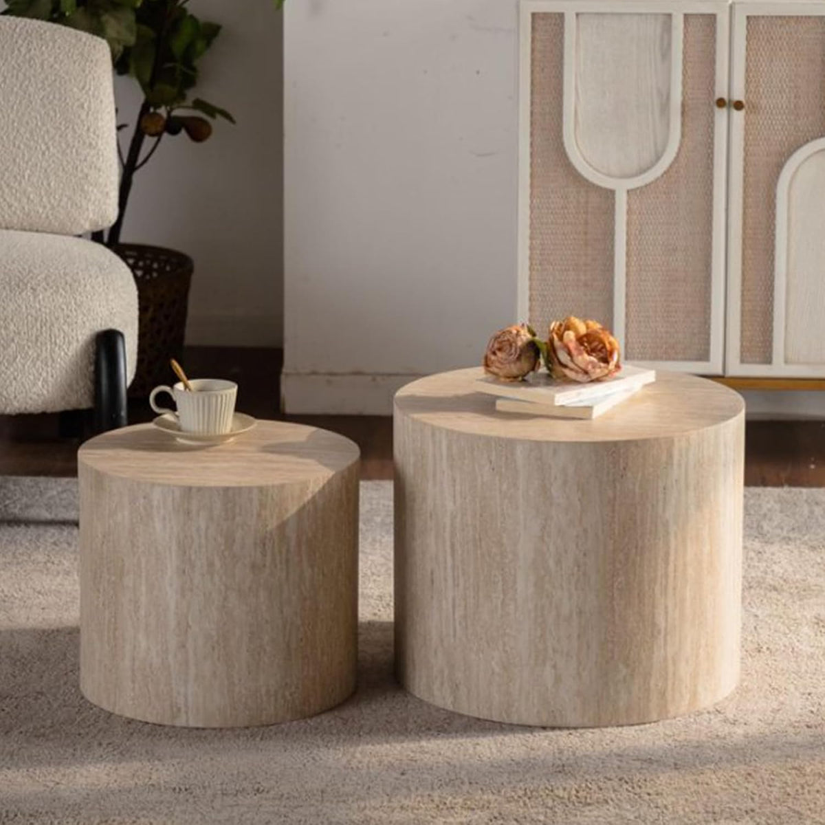 Retro Nesting Coffee Table Set of 2, 33.86" Round Wood Coffee Tables, Circle Modern Accent End Side Table for Small Space Living Room