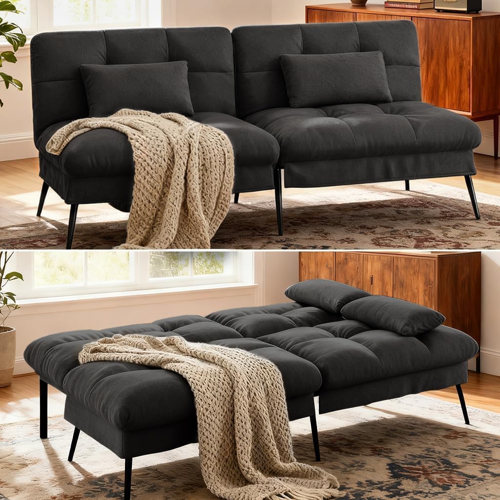 COMHOMA 72″ Convertible Futon Sofa Bed, Adjustable Backrest, Black | Breathable Fabric Futon Couch with Pillows,Multi-angle Ergonomic Reclining,Space-saving Sleeper Sofa for Living Room