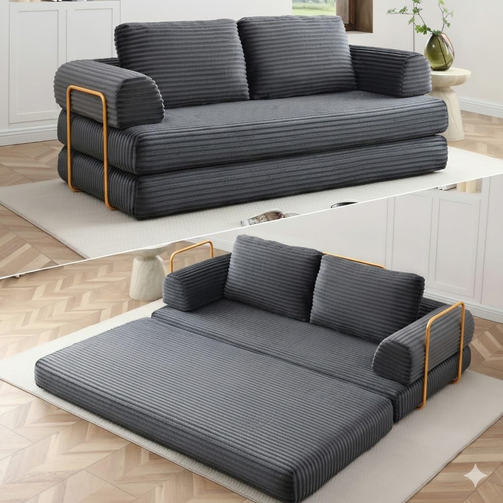 Convertible Folding Sofa Bed, Modern Futon Sleeper Sofa Fold Out Couch Bed with Gold Fixed Frame, Modular Floor Sofas Comfy Corduroy Couches for Living Room (80" Grey)
