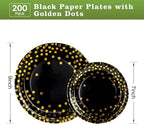 Lullaby 200PCS Black Paper Plates, Black and Gold Paper Plate, 100pcs Dinner Plates 9"，100pcs Dessert Plates 7", Disposable Graduation Plates with Golden Dot for Birthday party, Halloween