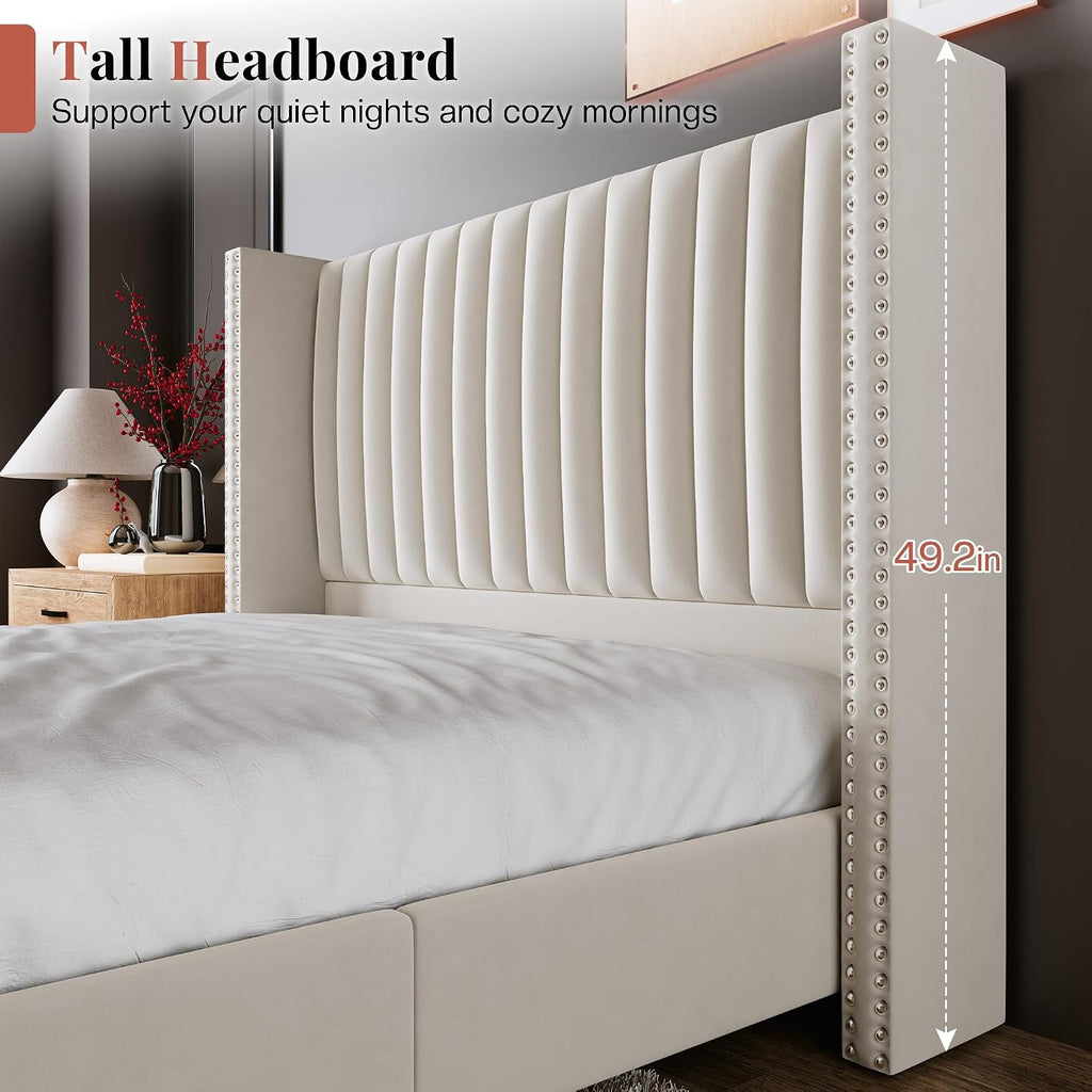 Jocisland Queen Size Bed Frame Velvet Upholstered Wingback Headboard, Cream
