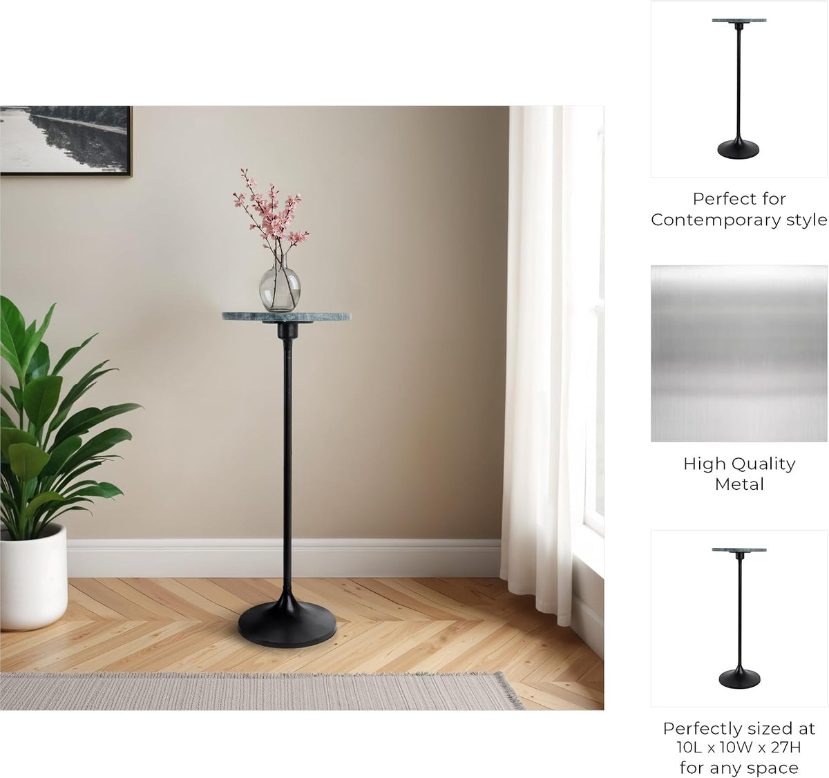 Elegant End Table, Side Table, or Small Night Stand for Room Decor - Slim Metal Drink Table with Marble Top and Trumpet Base for Bedroom or Living Room - Ideal for Small Spaces - 27" Green & Black