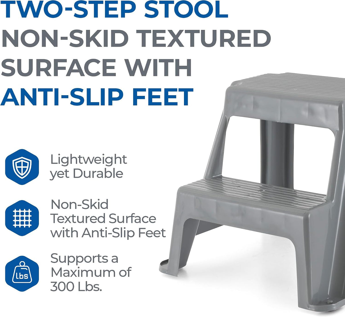Gracious Living 2-Step Stool, Portable Plastic Stepping Stool for Dorm, Home, Classroom, or Office, 18"L x 18.75"W x 16"H - 300 Pound Capacity, Gray