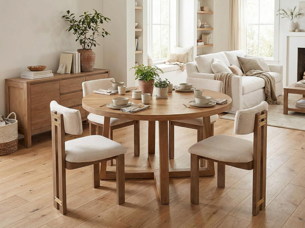 BESTANO Linen Wooden Dining Chairs Set of 4, Modern Farmhouse Dining Room Kitchen Chairs with Curved Backrest Natural Wood Legs, Armless Dining Chairs, Beige