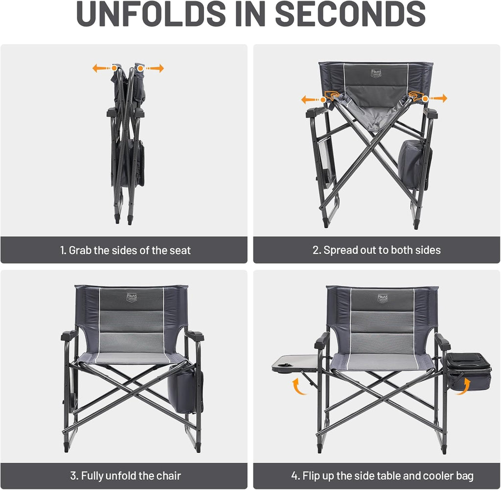 Timber Ridge XXL Oversized Directors Chair 600lbs - Heavy Duty Camping Chair with Cooler Bag & Table, Portable Folding Chair with Wide Seat for Tailgating, Patio, Outdoor - Grey