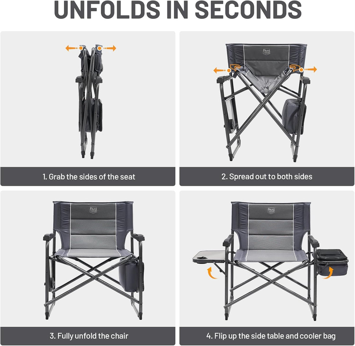 Timber Ridge XXL Oversized Directors Chair 600lbs - Heavy Duty Camping Chair with Cooler Bag & Table, Portable Folding Chair with Wide Seat for Tailgating, Patio, Outdoor - Grey