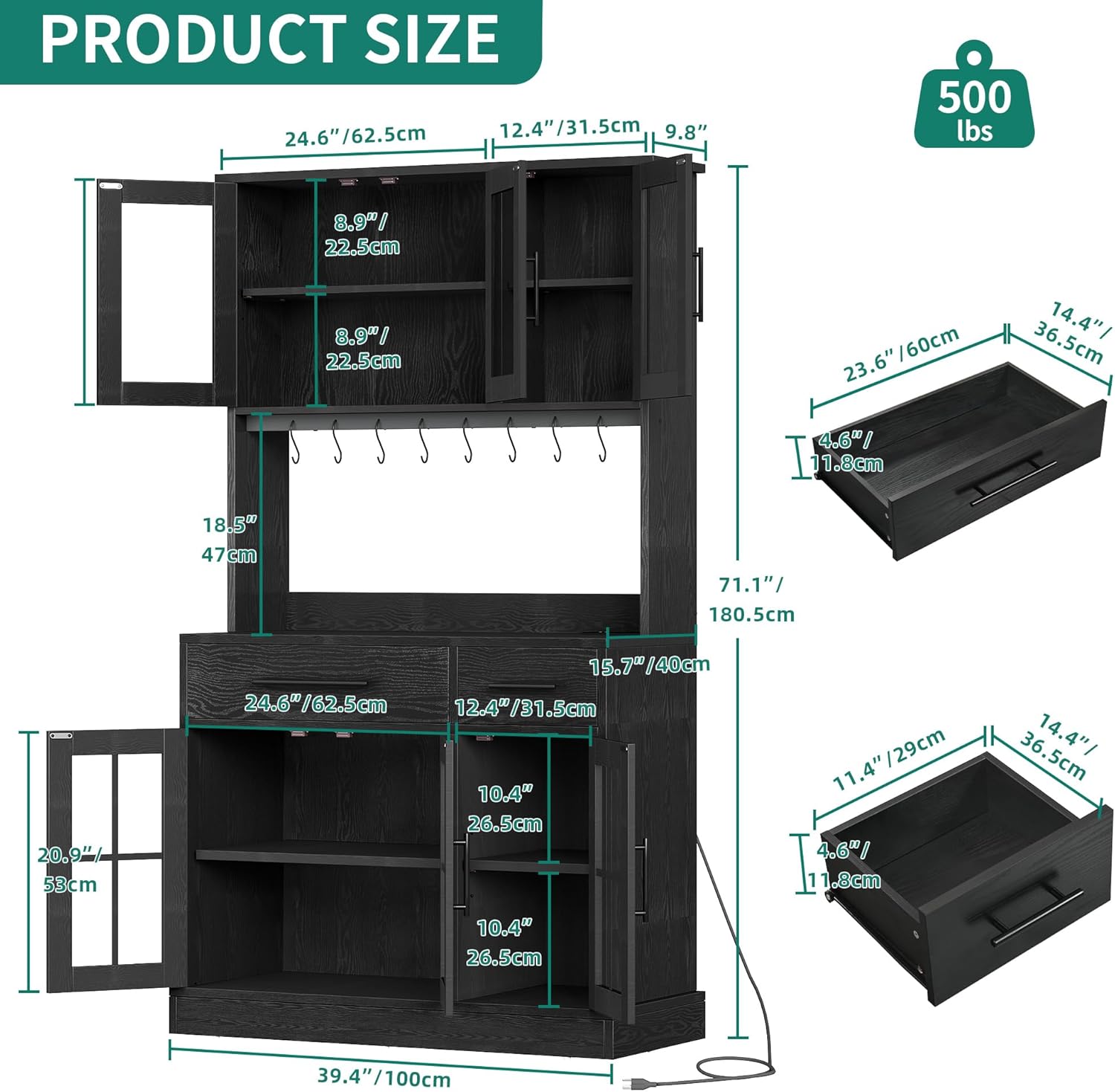 YITAHOME 71" Tall Kitchen Pantry Cabinet with Microwave Stand & Built-in Power Outlet, Buffet Cupboard with Acrylic Doors, Drawers and 8 Hanging Hooks for Kitchen, Dining Room, Living Room, Black Oak