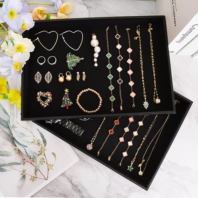 Black Velvet Stackable Jewelry Tray Showcase Display Stackable Necklace Bracelet Ring Showcase Display Empty Plate (2 Pack)
