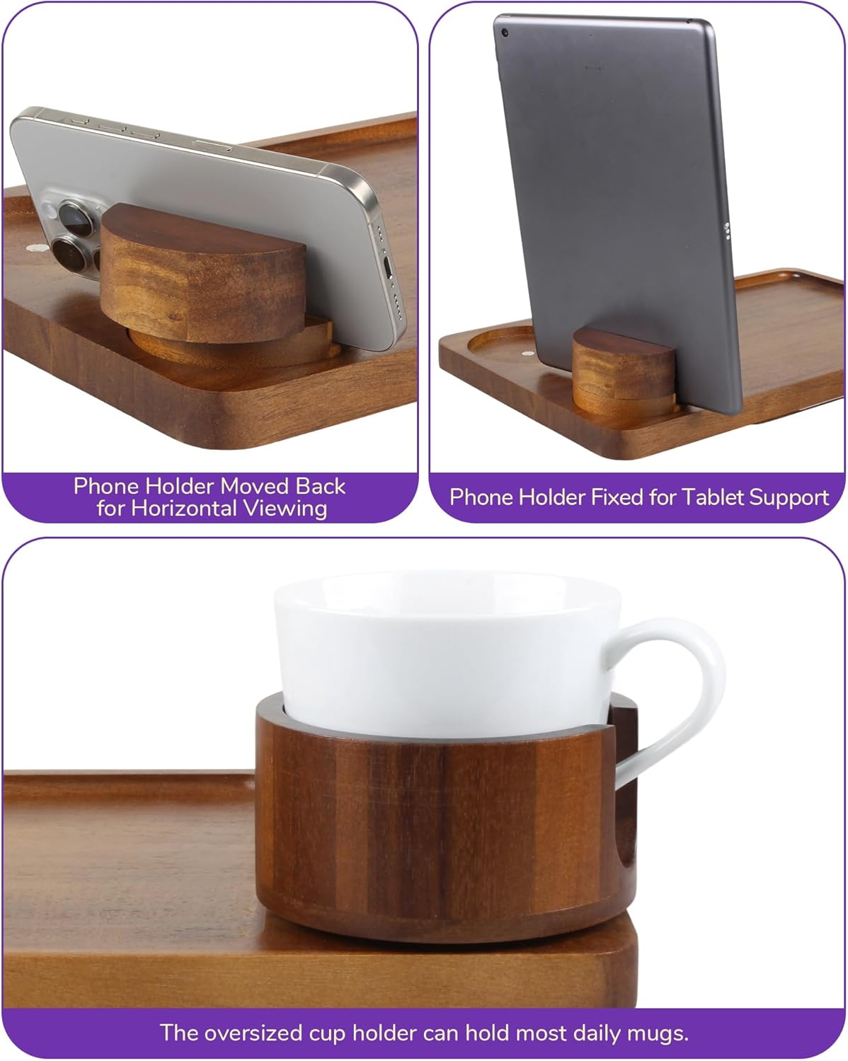Couch Arm Tray Table with Oversized Cup Holder & Adjustable Phone Stand – Foldable Acacia Wood Sofa Armrest Clip Table for Wide Couches, Recliners, and Living Room Use