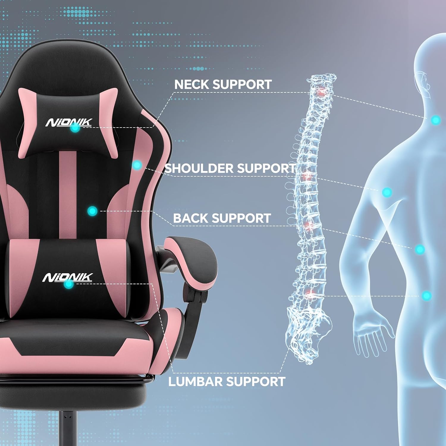 Gaming Chair, Ergonomic Computer Chair with Footrest and Lumbar Support, Height Adjustable Game Chair with 360°-Swivel Seat and Headrest and for Office or Gaming Blackpink