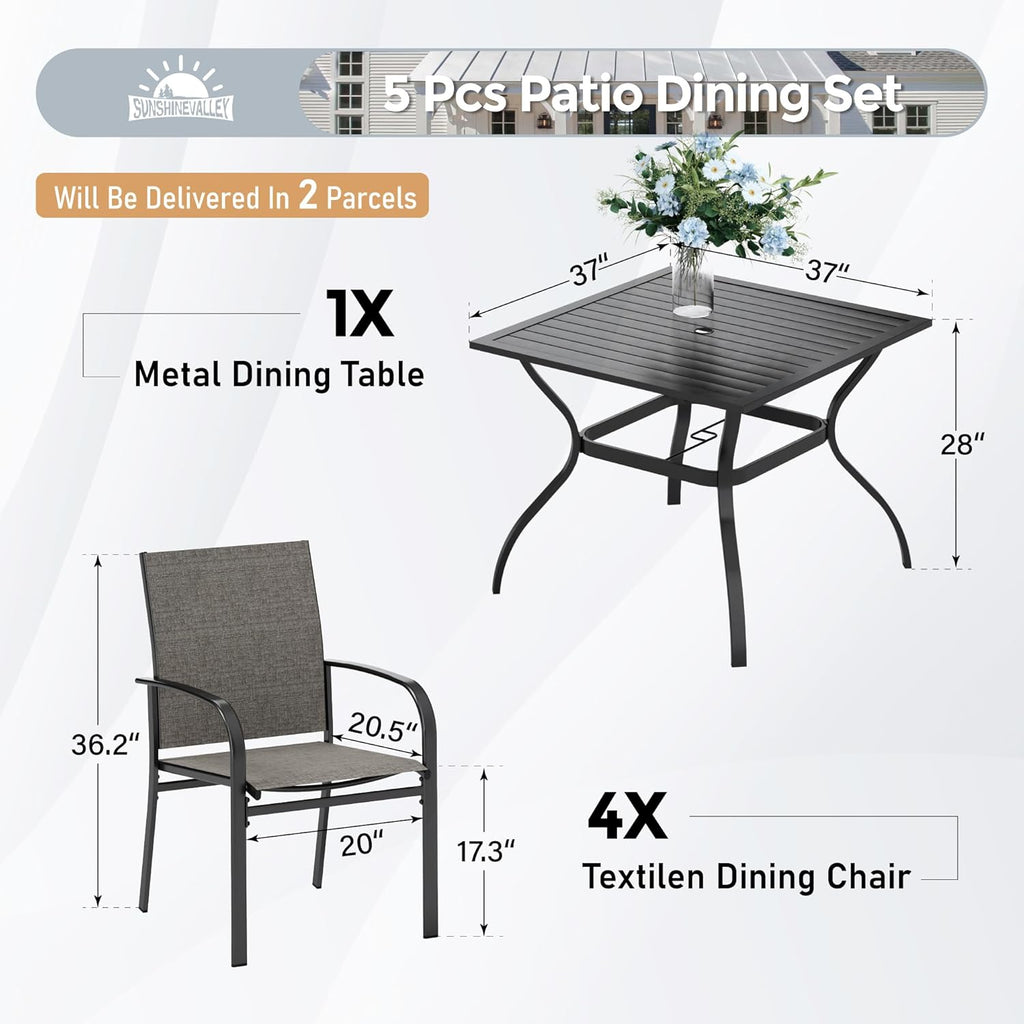 SUNSHINE VALLEY 5 Piece Patio Dining Set for 4, 37”x37” Square Table with Umbrella Hole, 4 Metal Brown Chairs, Outdoor Table and Chairs Set for Lawn Backyard and Deck