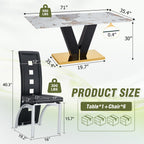 71'' Dining Table Set for 6,Modern Dining Room Table Set for 6,Marble Dining Table with 6 PU Leather Dining Chairs,Gold Dining Room Table with Glossy V-Shaped Base Ideal for Kitchen