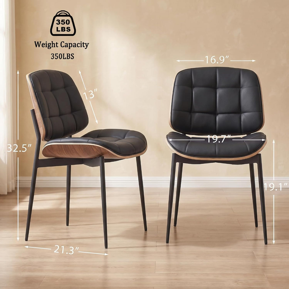 GrandNoor Mid Century Modern Dining Chairs with Walnut Grain Back, Black Faux Leather Dining Room Chairs Set of 4, Checkered Soft Cushion Kitchen Chairs with Adjustable Foot Pads