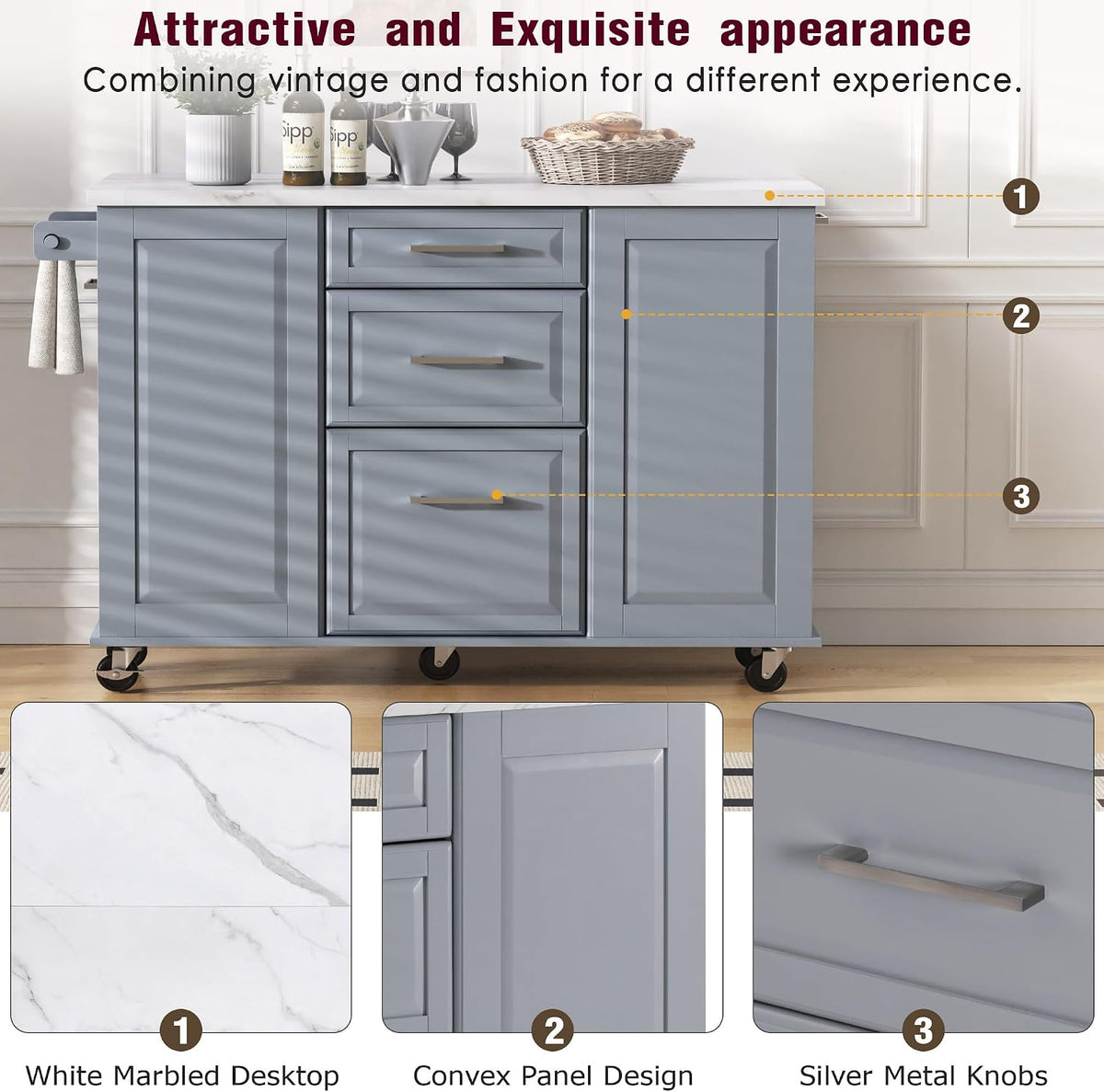 Rolling Kitchen Island Cart with Marble Countertop, Mobile Storage Kitchen Cabinet with Drawers & Cabinets for Small Kitchen Apartment