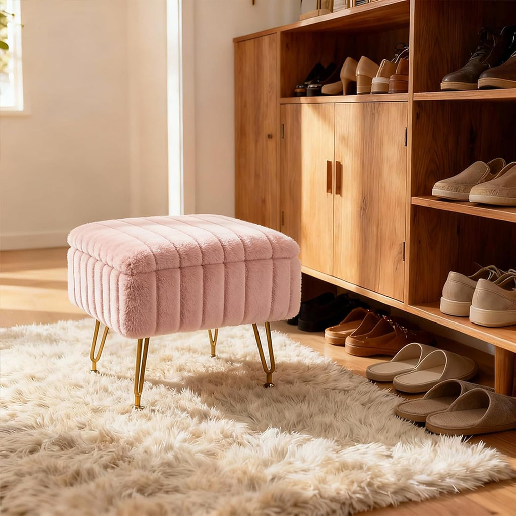 Small Foot Stool with Storage & Gold Metal Legs, Small Ottoman Foot Rest Under Desk for Couch, Chair, Pink Furry with High-Density Resilient Sponge