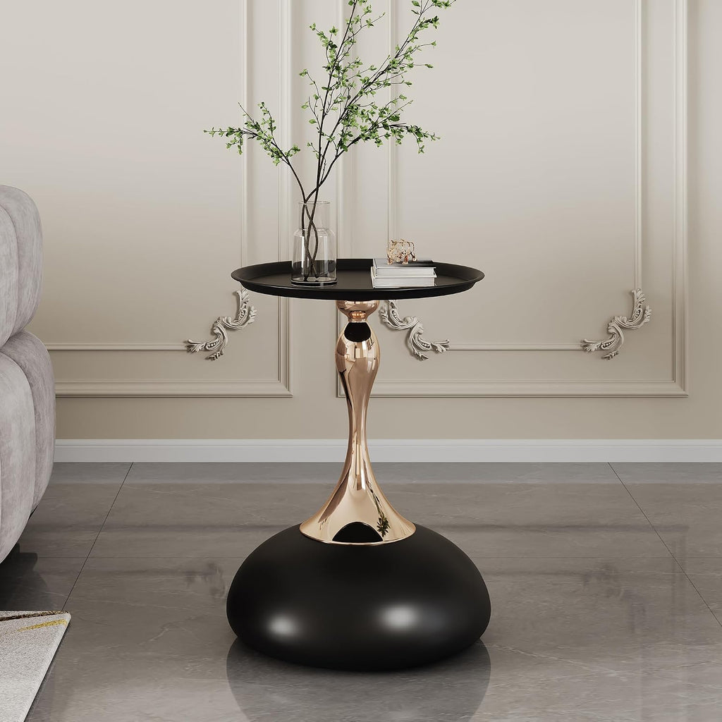 Round Side Table, Small Black End Table with Metal Pedestal, Modern Martini Table for Small Space Living Room, Bedroom, Easy Assembly 15" x 21.6" Drink Table