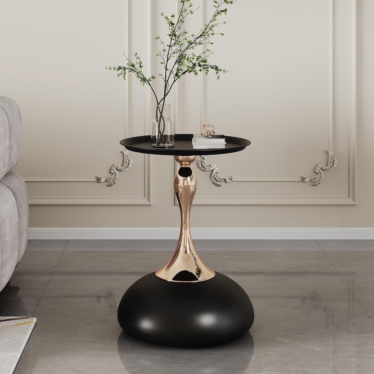 Round Side Table, Small Black End Table with Metal Pedestal, Modern Martini Table for Small Space Living Room, Bedroom, Easy Assembly 15" x 21.6" Drink Table