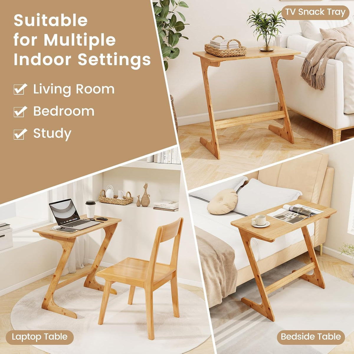 Giantex Bamboo TV Tray Table Set of 2, Z Shaped Sofa Side Table for Eating Snacks Coffee Laptop, Modern TV Dinner for Small Spaces Living Room Bedroom, Natural