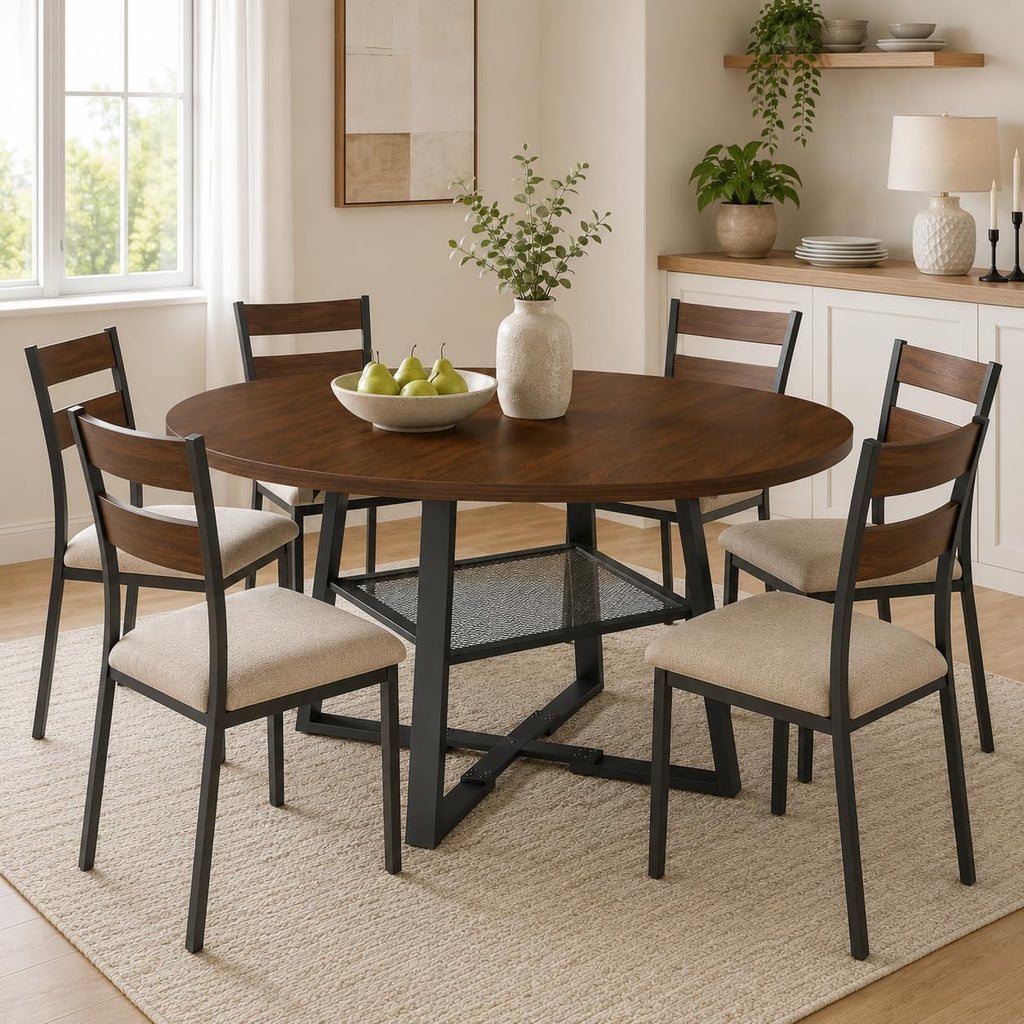 Round Extendable Dining Table, 47.2 to 59 Inch Kitchen Table for 4 to 6 People, Farmhouse Dining Room Table with Metal Mesh Storage Shelf, Walnut Wood Grain Top for Small Spaces Apartment