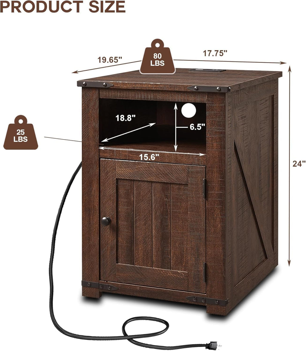 Farmhouse Night Stands Set of 2, 20" End Table w/Charging Station, Rustic Wood Bedside Table w/Groove Barn Door, Side Table with Storage w/Open & Adjustable Shelf for Bedroom, Living Room (Brown)