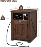 Farmhouse Night Stands Set of 2, 20" End Table w/Charging Station, Rustic Wood Bedside Table w/Groove Barn Door, Side Table with Storage w/Open & Adjustable Shelf for Bedroom, Living Room (Brown)