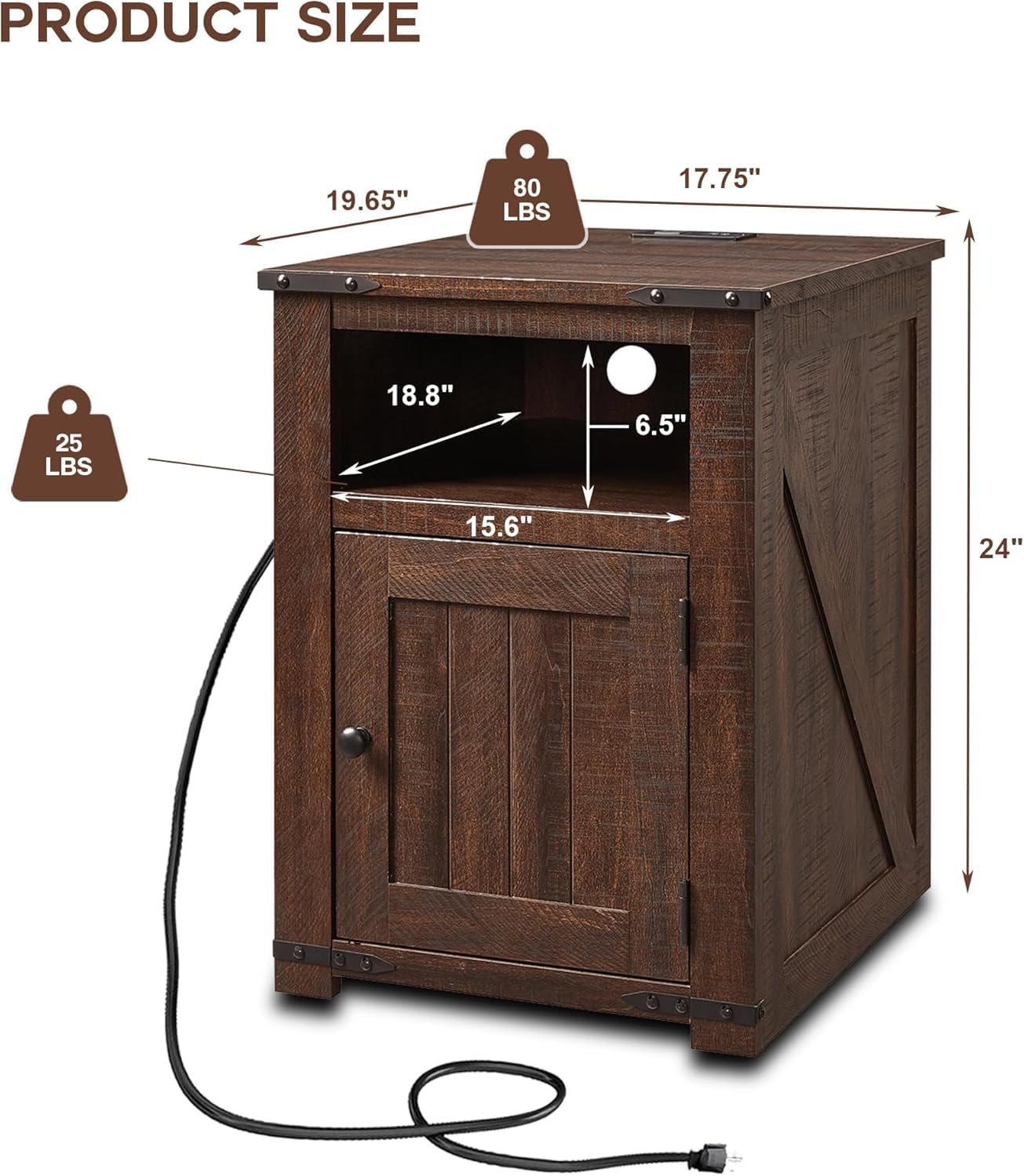 Farmhouse Night Stands Set of 2, 20" End Table w/Charging Station, Rustic Wood Bedside Table w/Groove Barn Door, Side Table with Storage w/Open & Adjustable Shelf for Bedroom, Living Room (Brown)