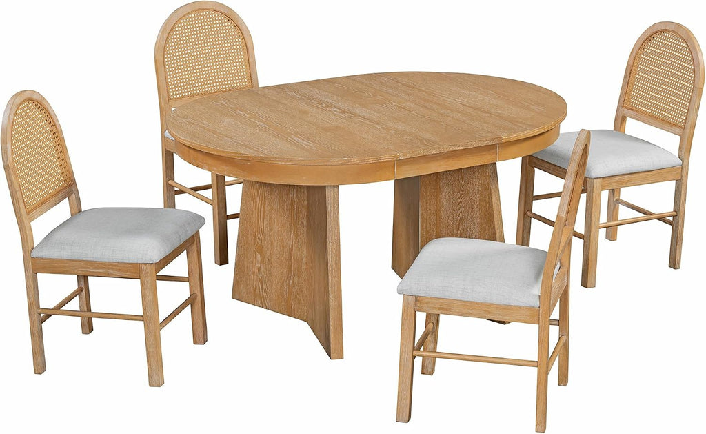 LUMISOL 5-Piece Round Dining Table Set for 4, Extendable Kitchen Table Set with 4 Upholstered Chairs, Kitchen Table and Chairs Set for Dining Room, Kitchen, Natural Wood Wash