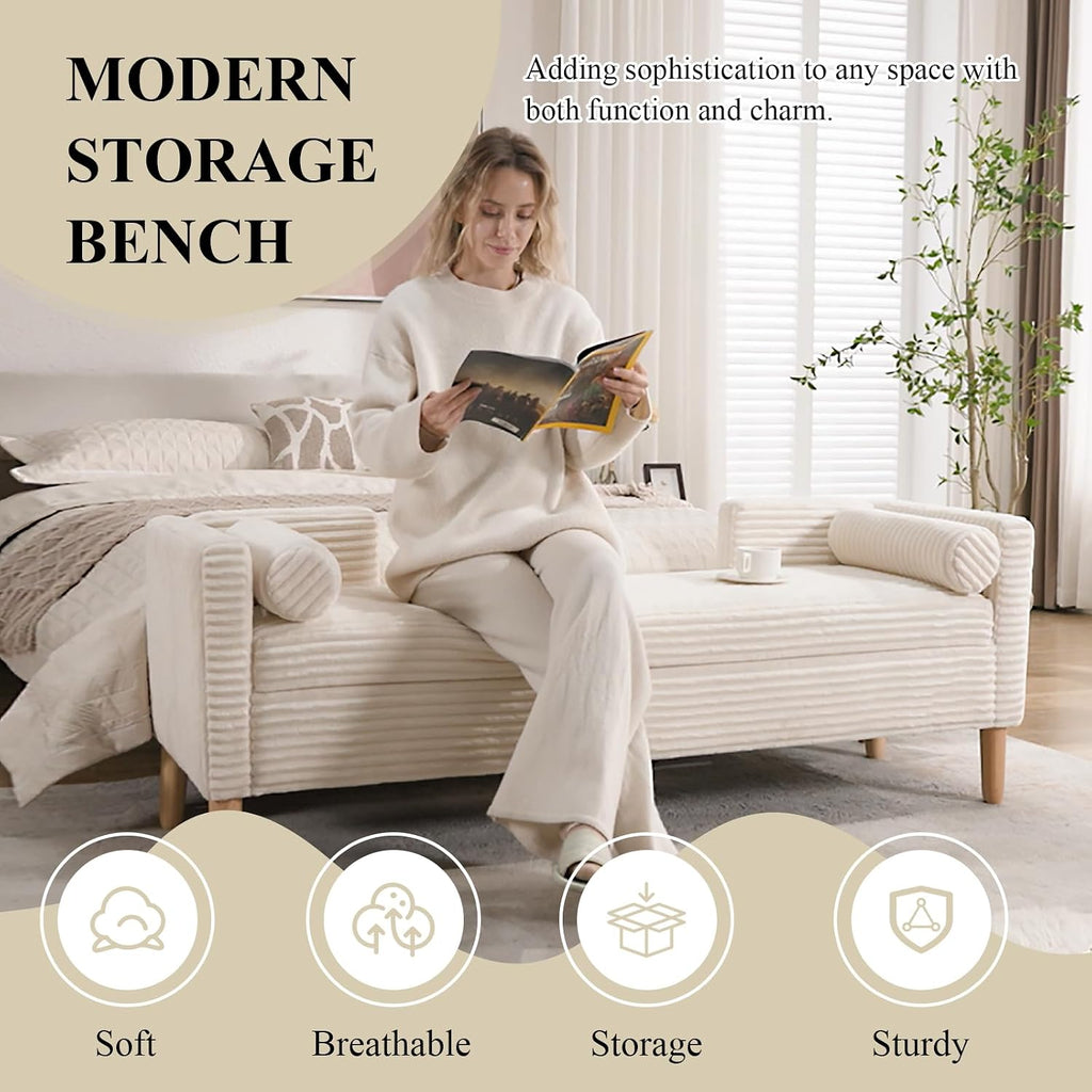 65.35" Storage Bench, Corduroy Upholstered End of Bed Bench with Bolster Pillows, Modern Storage Bench with Natural-Patterned Wooden Legs, Comfy Entryway Bench for Entryway (Beige)