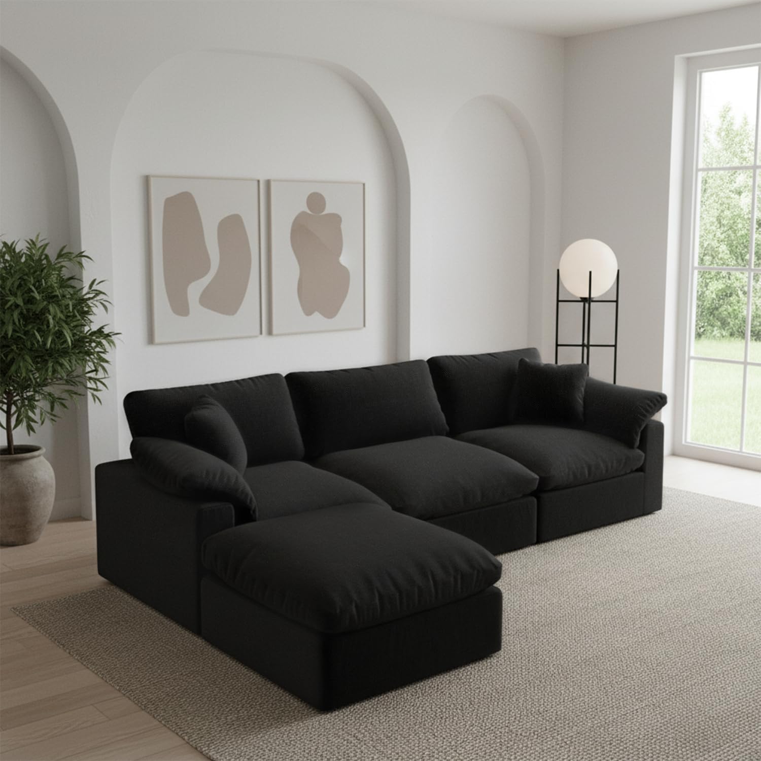 Modular Sectional Sofa Cloud Couch,Down Filled Comfy Cloud Modern Sofa,Black Linen L Shape Oversized Couch Cushion Covers Removable Furniture for Living Room