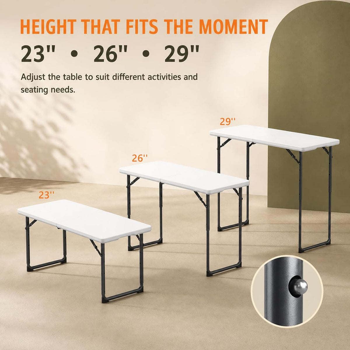 4FT Folding Table 3 Levels Adjustable Height, Heavy Duty Fold-in-Half Portable Table, 400 lbs Capacity Foldable Table for Party Dining Camping Events Picnic Outdoor Indoor Use, 2 Pack