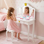 JOYMOR Kids Princess Vanity Table and Chair Set, Kids Vanity Set with Drawer & Tri-Folding Mirror, 2 in 1 Makeup Dressing Table with Detachable Top for Girls