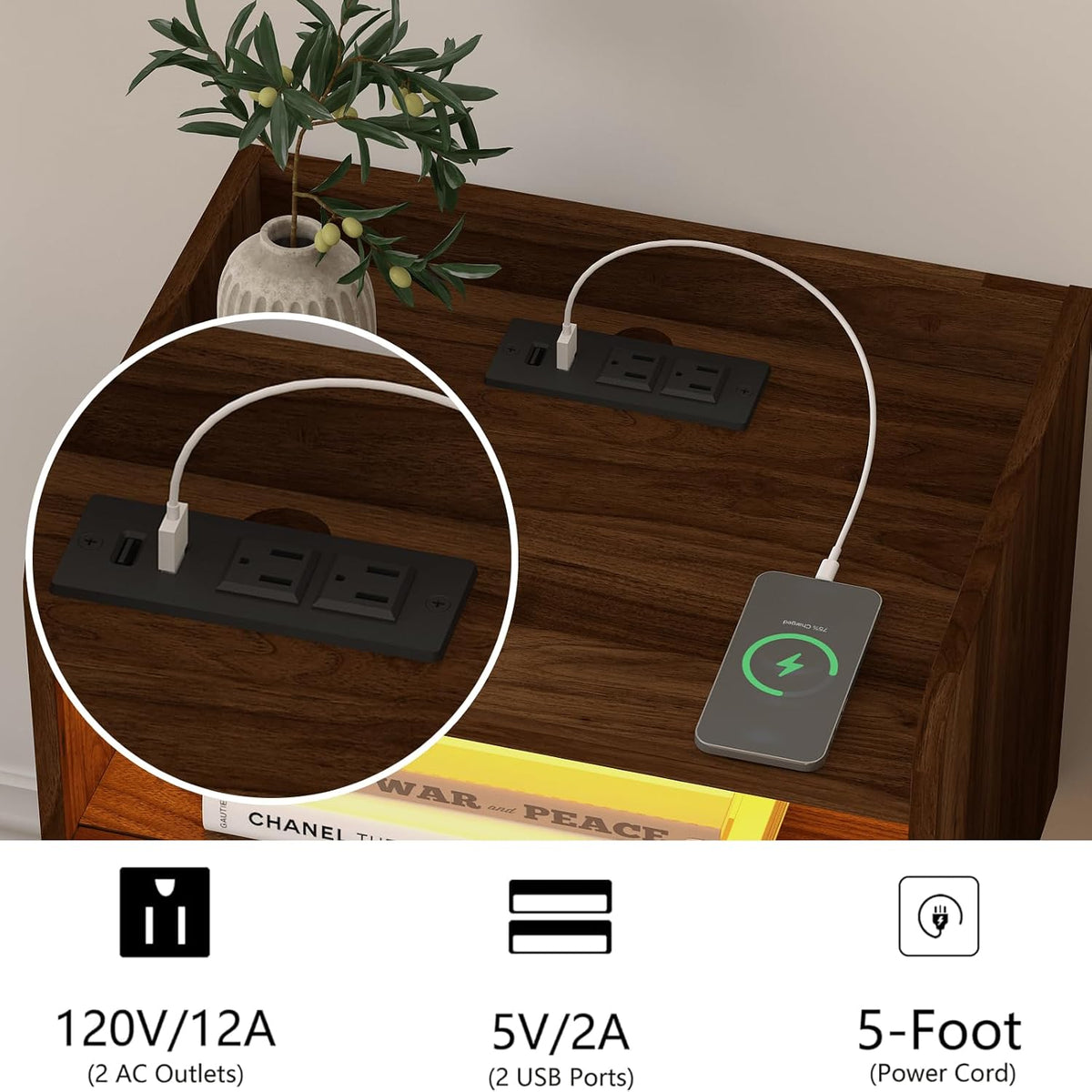 Veegle Floating Nightstand with Charging Station and LED Lights (Walnut Brown)
