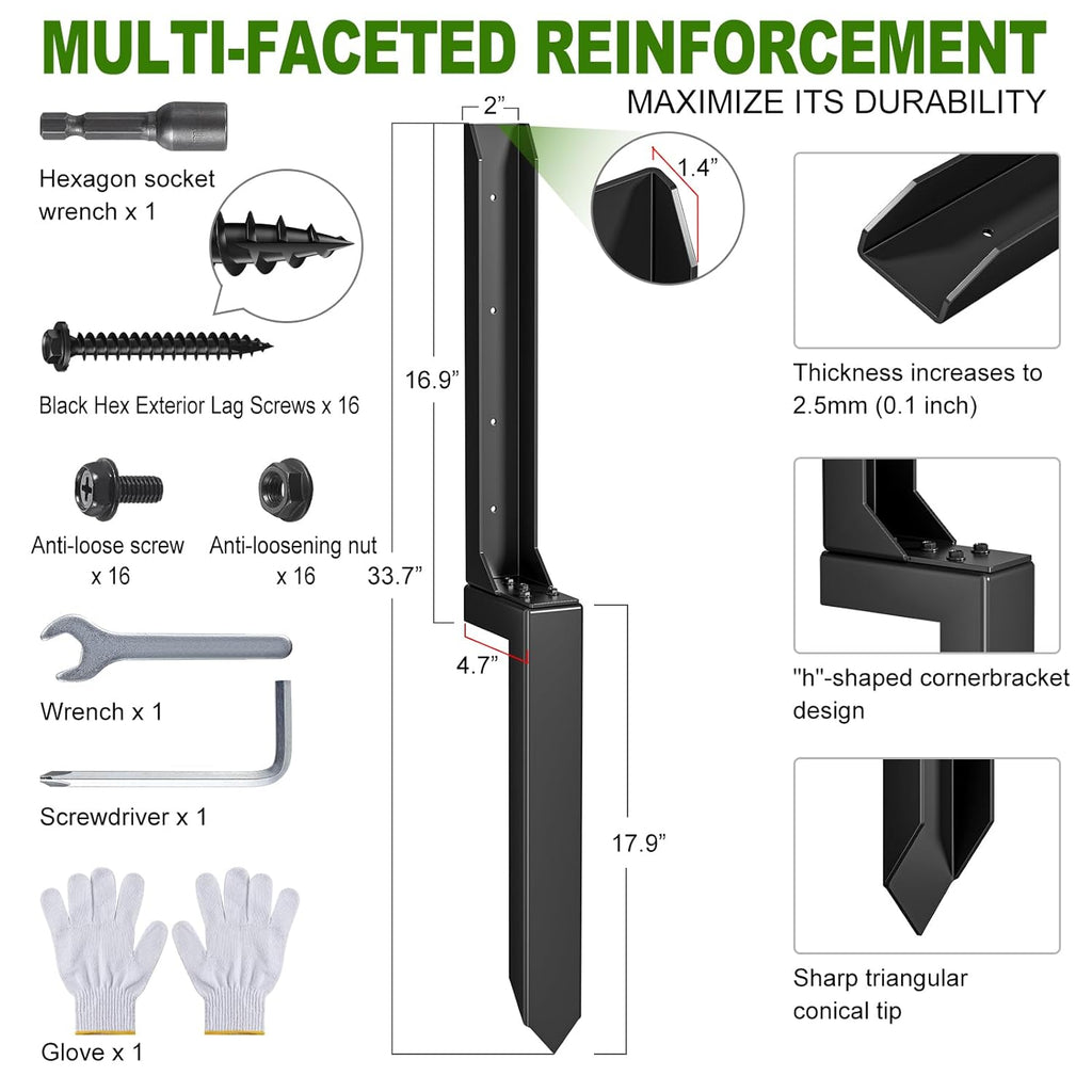 Fence Post Repair Kit，Heavy Duty Steel Fence Post Anchor Ground Spike ，Quick Fix Broken/Leaning Wood Posts with，and Fixed Fence Posts（4-Pack）