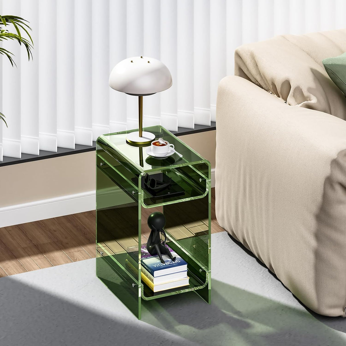 Clear Acrylic Side Table, Narrow Nightstand Bedside Table for Bedroom, Skinny Small End Table (Green Wide, 11.8'' x 15.7'' x 21.7")