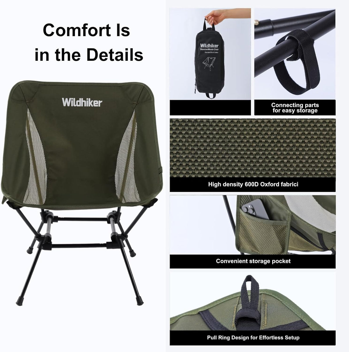 Wildhiker Lightweight Camping Chair – Folding Portable Chair for Adults, 2.16 lbs with Square Base and Carry Bag for Travel, Fishing, Motorcycle, Festival– Green