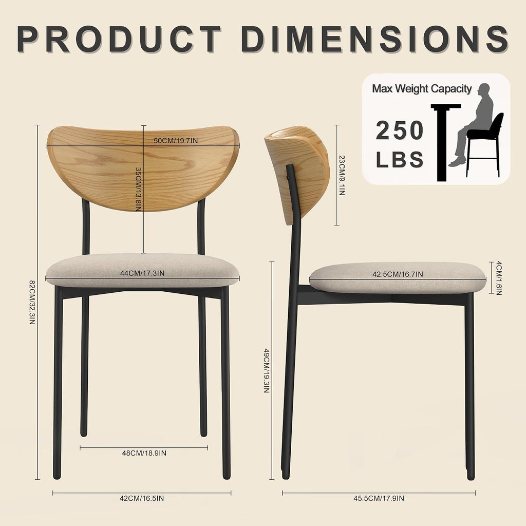 Beige Dining Chairs Set of 2, Upholstered Modern Kitchen Chairs Dining Room Chairs with Wood Curved Backrest & Metal Legs