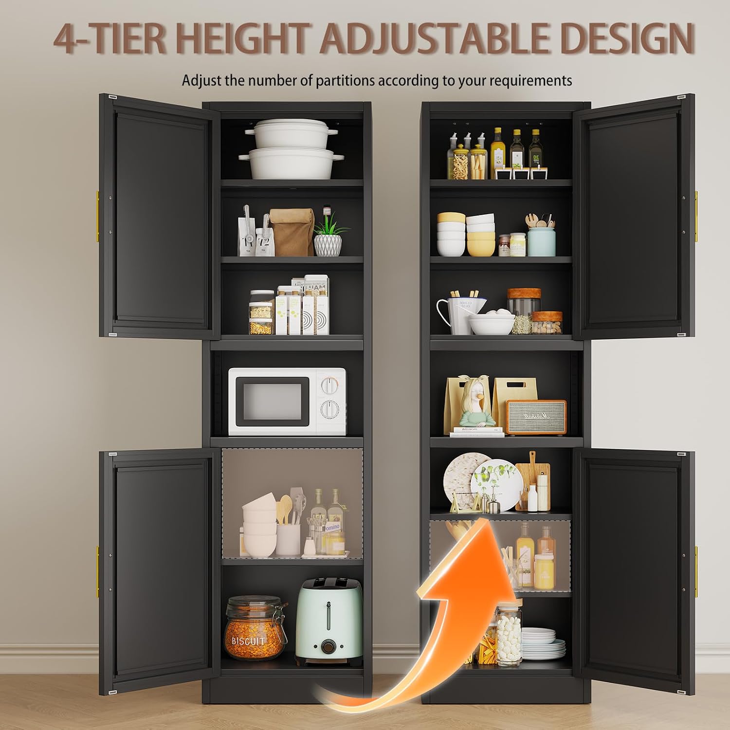 Kitchen Pantry Storage Cabinet,66.9" Tall Metal Storage Cabinet with 2 Door and 4 Adjustable Shelves.Freestanding Cupboard for Dining Room Living Room and Office.(Black)