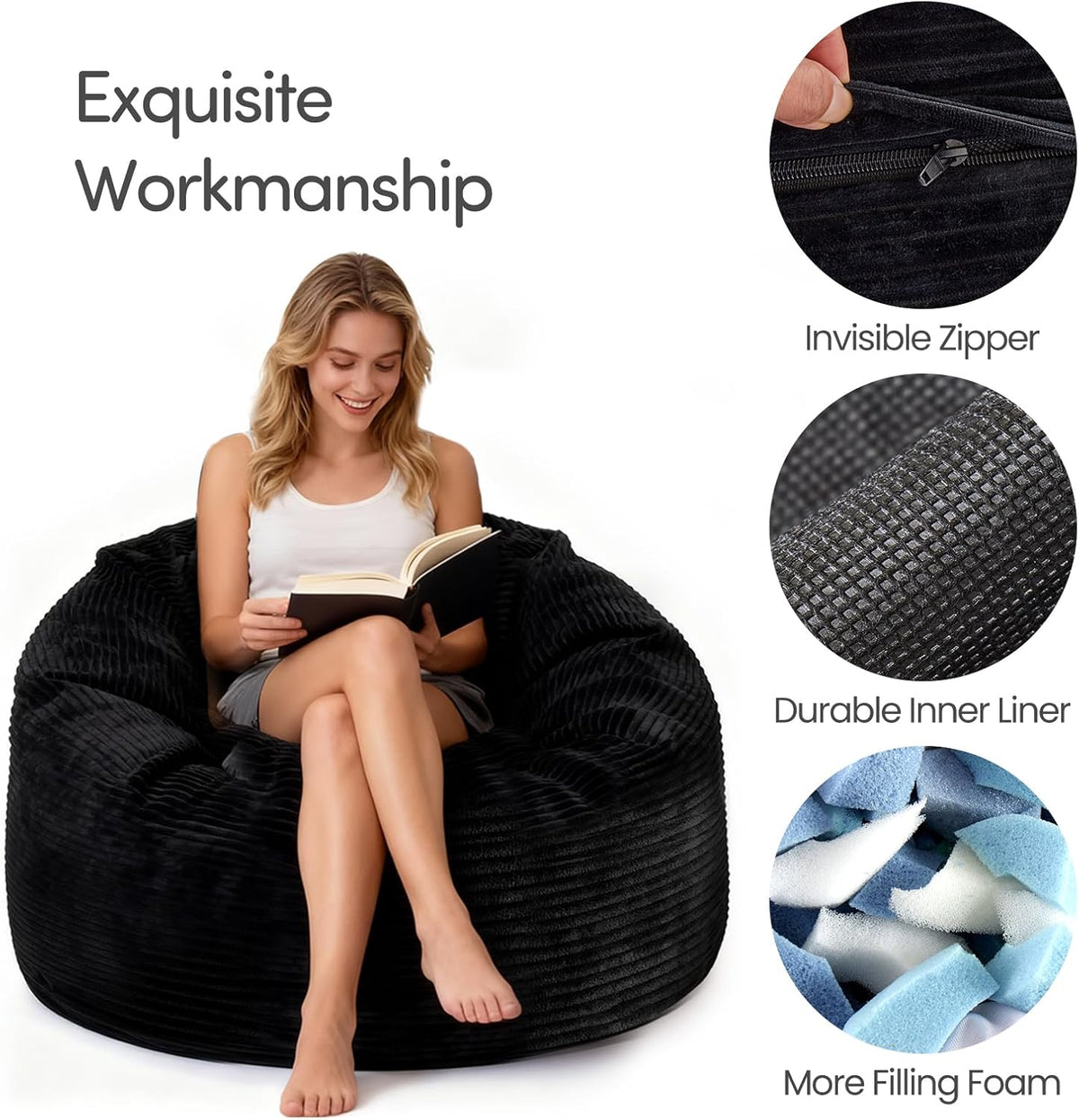 Bean Bag Chairs for Teens, 3FT Bean Bag with Memory Foam Filling, Bean Bag Chairs with Plush Microfiber Removable Cover, Cozy Sofa for Reading, Gaming- Black