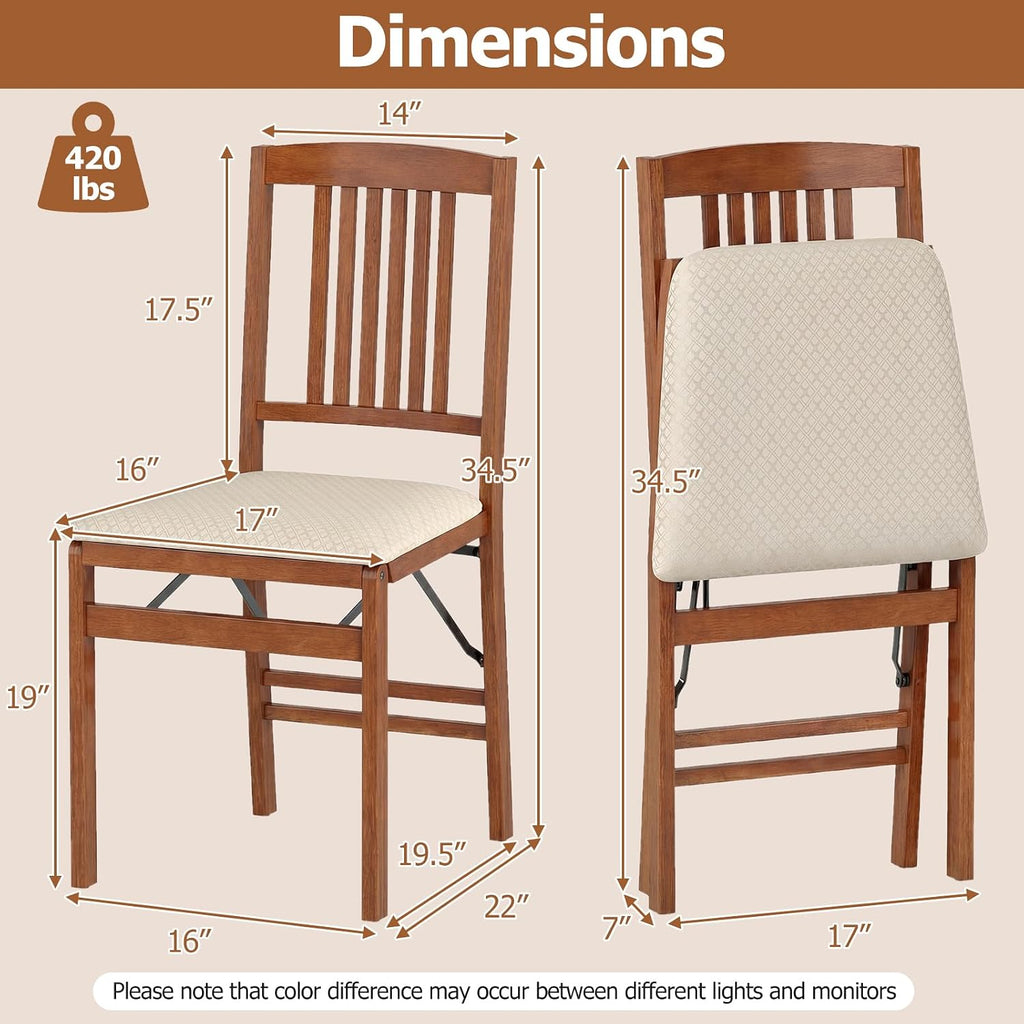 Giantex Folding Dining Chairs Set of 2, Foldable Wood Kitchen Chairs with Padded Seat, Max Load 420 Lbs, No Assembly, Wooden Dining Room Chair, Armless Side Chair for Home Apartment, Fruitwood & Beige
