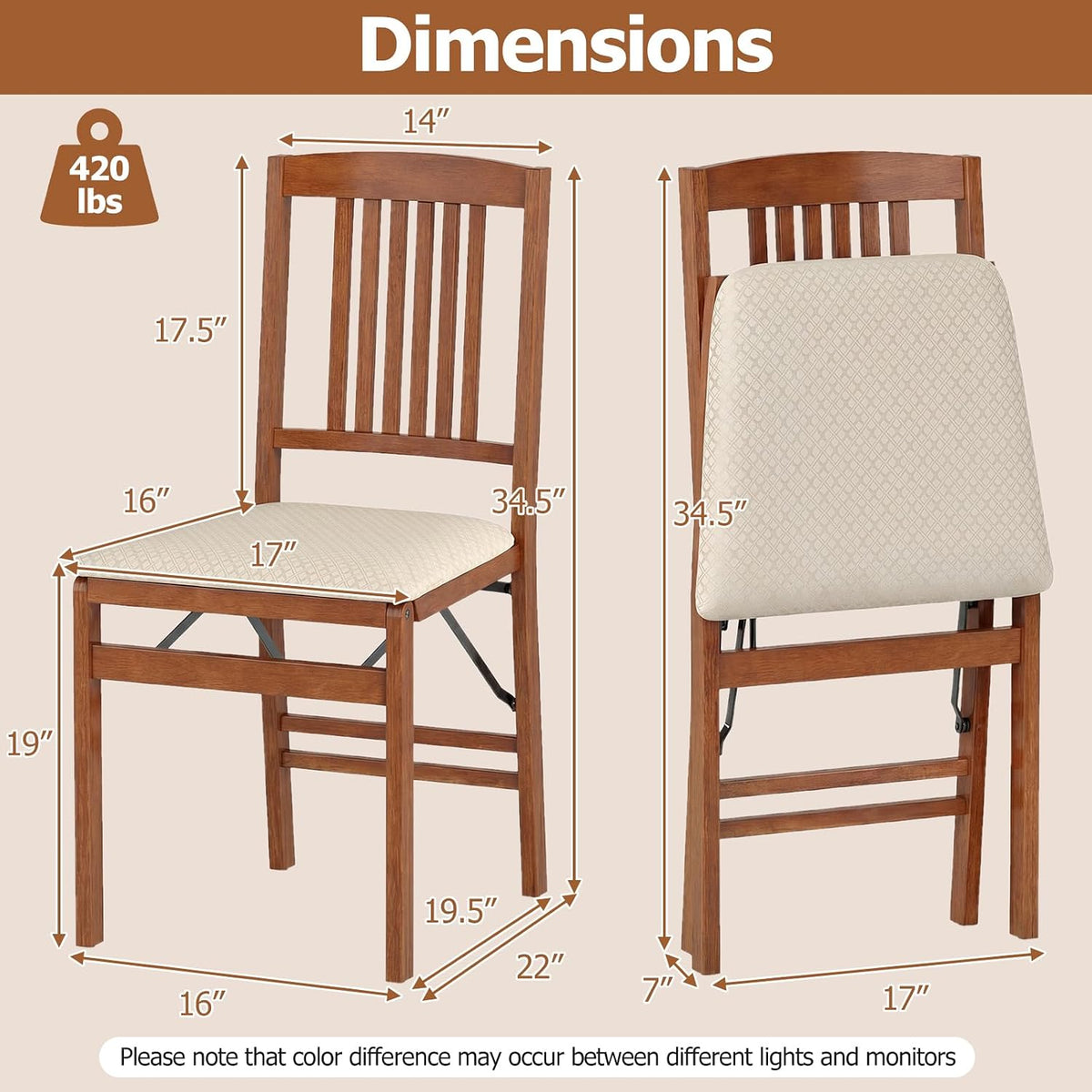 Giantex Folding Dining Chairs Set of 2, Foldable Wood Kitchen Chairs with Padded Seat, Max Load 420 Lbs, No Assembly, Wooden Dining Room Chair, Armless Side Chair for Home Apartment, Fruitwood & Beige