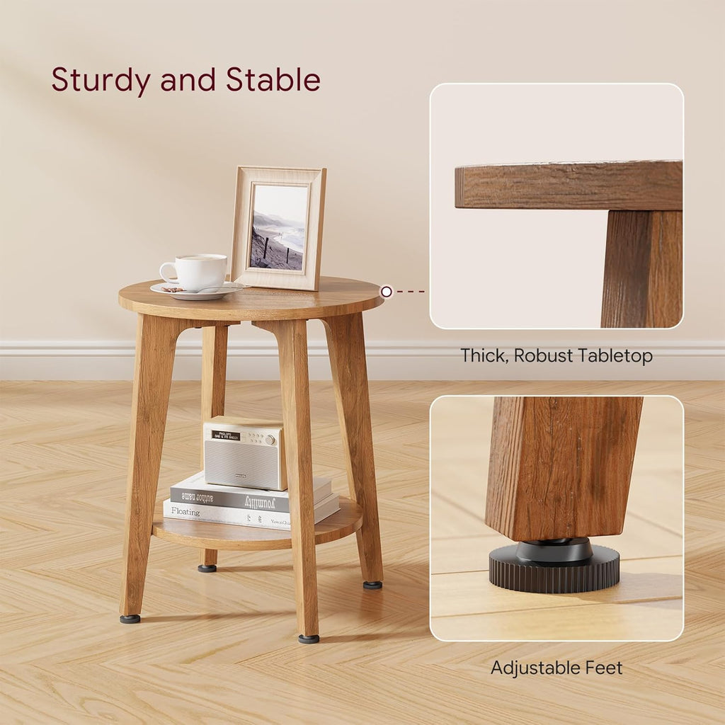 Simple Trending Round Side Table, Small End Table, Nightstand Bedside Table with Tapered Legs, for Living Room, Rustic Walnut