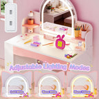 Teckid Kids Vanity Table and Chair Set with Lighted USB Mirror & Shelf | 3-mode USB lighted mirror with USB port. Open bookshelf. Small shelf below. Round corners. Stable stool. Easy to clean
