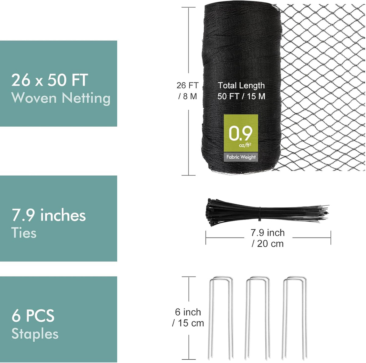 Bird Netting for Garden, Fetanten 26 x 50 FT Netting for Garden Protection Vegetables Fruit Trees Blueberry from Birds Deer Poultry, Heavy Duty Woven Mesh Net Animal Fencing with Ties and Staples