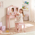 UTEX Pink Crown Princess Kids Vanity Set with Drawer for Little Girls | Wooden Toddler Vanity, Kids Vanity Table and Chair Set, Crown and Star Patterns, Gold Edge Trim, Princess Style