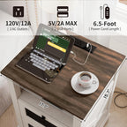 Farmhouse End Table with Charging Station, Nightstand with 2 Drawers & Open Storage,Sofa Side Table with Mesh Drawers, Design Bedside Table for Living Room, Bedroom, White