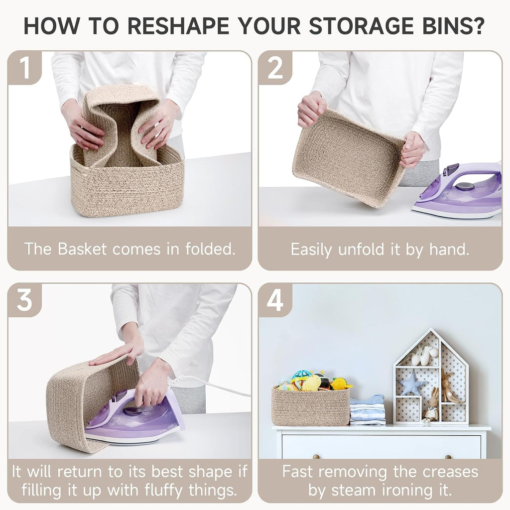 3 Pack Small Storage Baskets for Organizing, 11.8×7.8×5.1", Mixed Brown | Woven Baskets for shelves, Cotton Rope Basket for Gifts Empty, Closet Organizer Bins with Handles, Cube Decorative Box