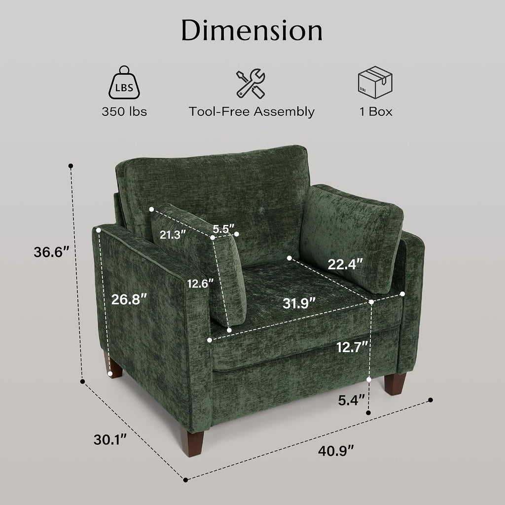 Luxury Oversized Accent Reading Chair for Living Room, 41", Chenille, Green | Upholstered Piping Single Armchairs with Comfy Tufted Backrest, Wood Legs, 2 Pillows for Bedroom, Office, Reception Area