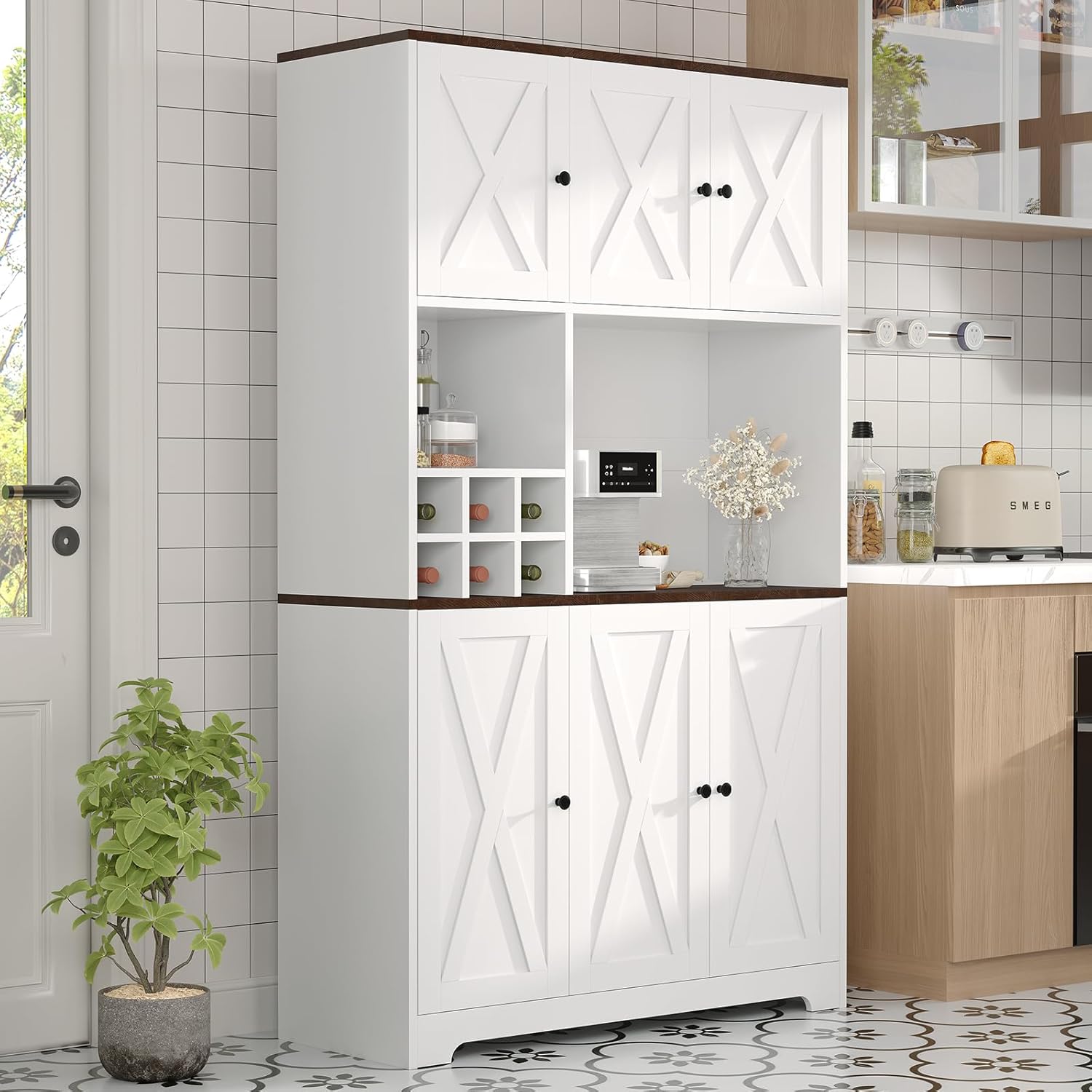 GarveeHome 71 Inch Tall White Kitchen Pantry Cabinet, Modern Farmhouse Kitchen Hutch Storage Cabinet with Wine Rack, Freestanding Coffee Bar Station with Storage for Dining Room, Living Room
