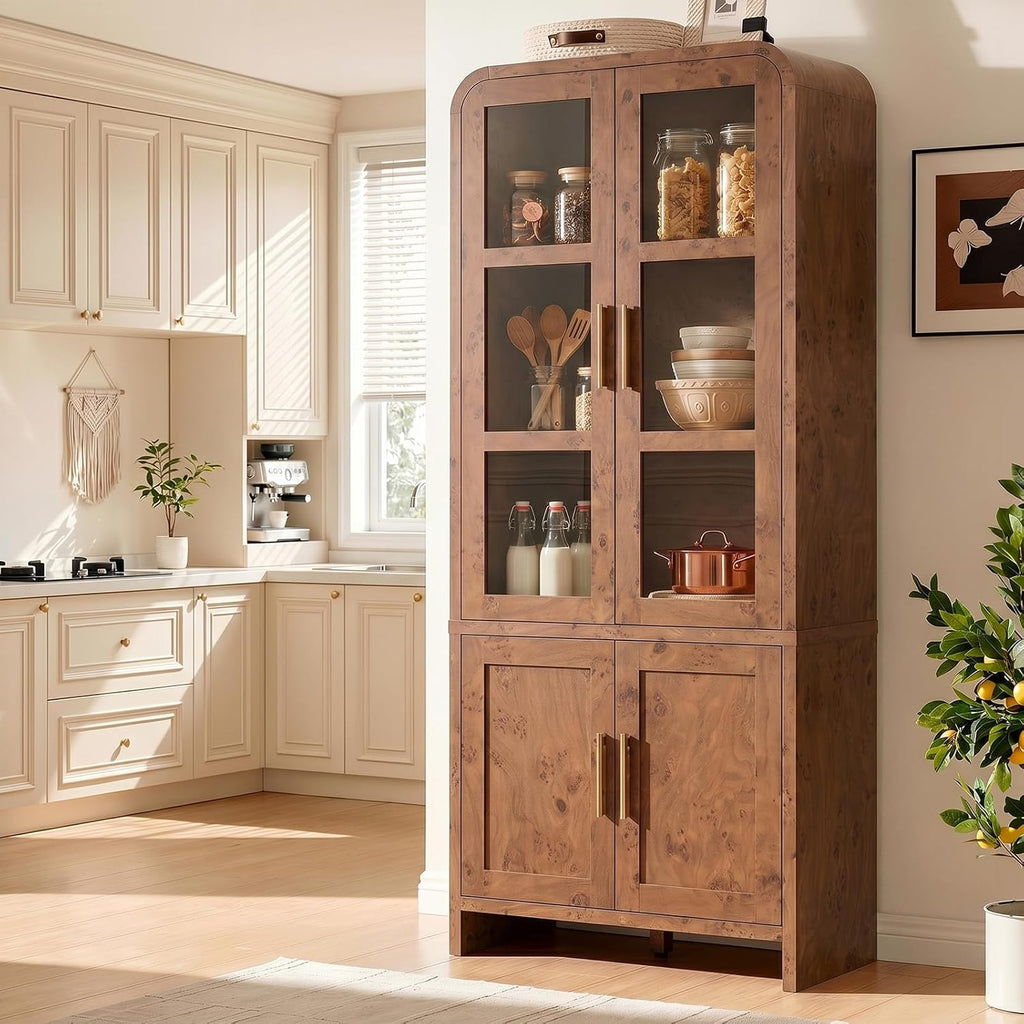 77" Tall Kitchen Pantry Cabinet,Thickened Panel,Dark Burl,1Pcs | Wooden Curved Storage Cabinets with Adjustable Shelf, Cupboard with Glass Door for Dining Room, Living Room, Bathroom